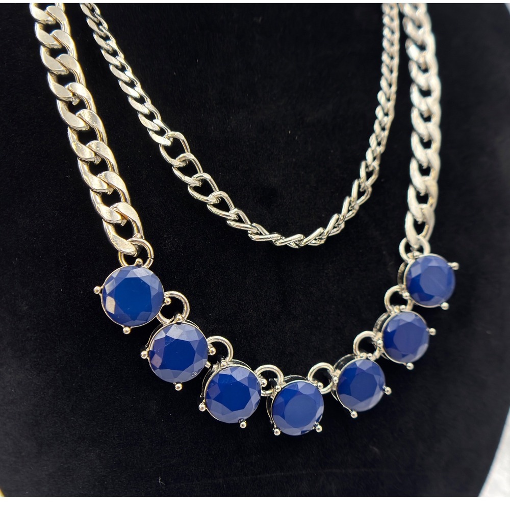 Cookie Lee Silver Tone Curb Link Double Strand Blue Acrylic Statement Necklace